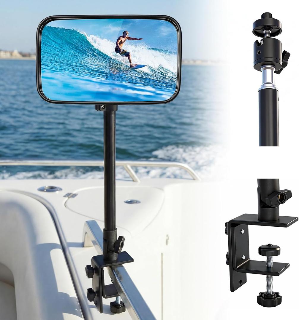 Outus Pontoon Boat Rear View Mirror with Telescoping Pole 10" x 6.3" 360° Adjustable Marine Rearview Mirror Telescopic Pole 21.5-31.5 Inch for Pontoon, Ski Boat Marine Water Skiing Accessories
