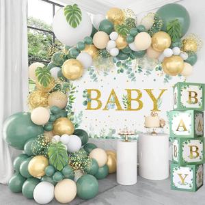 125PCS Sage Green Baby Shower Decorations - Retro Green and Gold Balloons Different Sizes, Green Baby Backdrop and Sage Green Baby Boxes for Gender Reveal, Birthday, Woodland Jungle Party