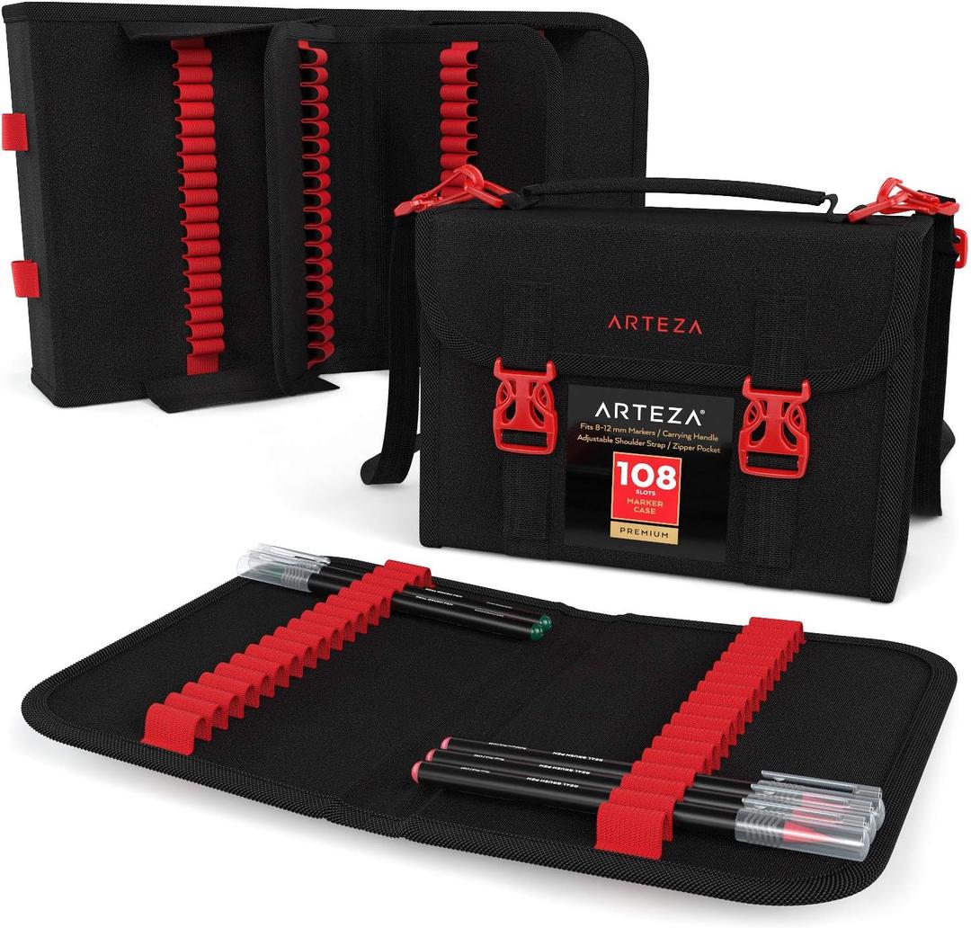 ARTEZA Marker Pen Organizer Case, 108 Slots, Removable Baldric, Zipper Pocket and Carrying Handle, for Drawing Markers and Pens, Art Supplies for Artists and Hobby Painters (Multicolor)