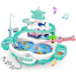 Magnetic Baby Fishing Toy Set, 3 in 1 Fishing Game for Toddlers & Kids with Slideway & Music Story, 10 Fish, 3 Dolphins, 2 Fishing Poles, Learning Educational Sound Effect Toys (Green1)