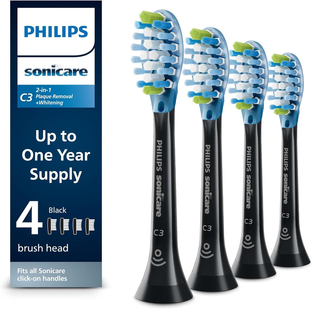 Philips Sonicare C3 Two-in-One - Genuine Replacement Electric Toothbrush Heads, Black, 4 Pack One Year Supply, HX9044/95
