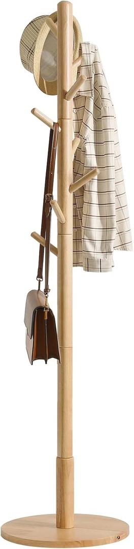 IBUYKE Coat Rack Stand, Freestanding Coat Tree with Solid Round Base and 8 Hooks, Easy Assembly Wooden Coat Hanger, Clothes Rack for Hallway Entryway, Living Room, Bedroom, Natural Color WD-115 (Discs)