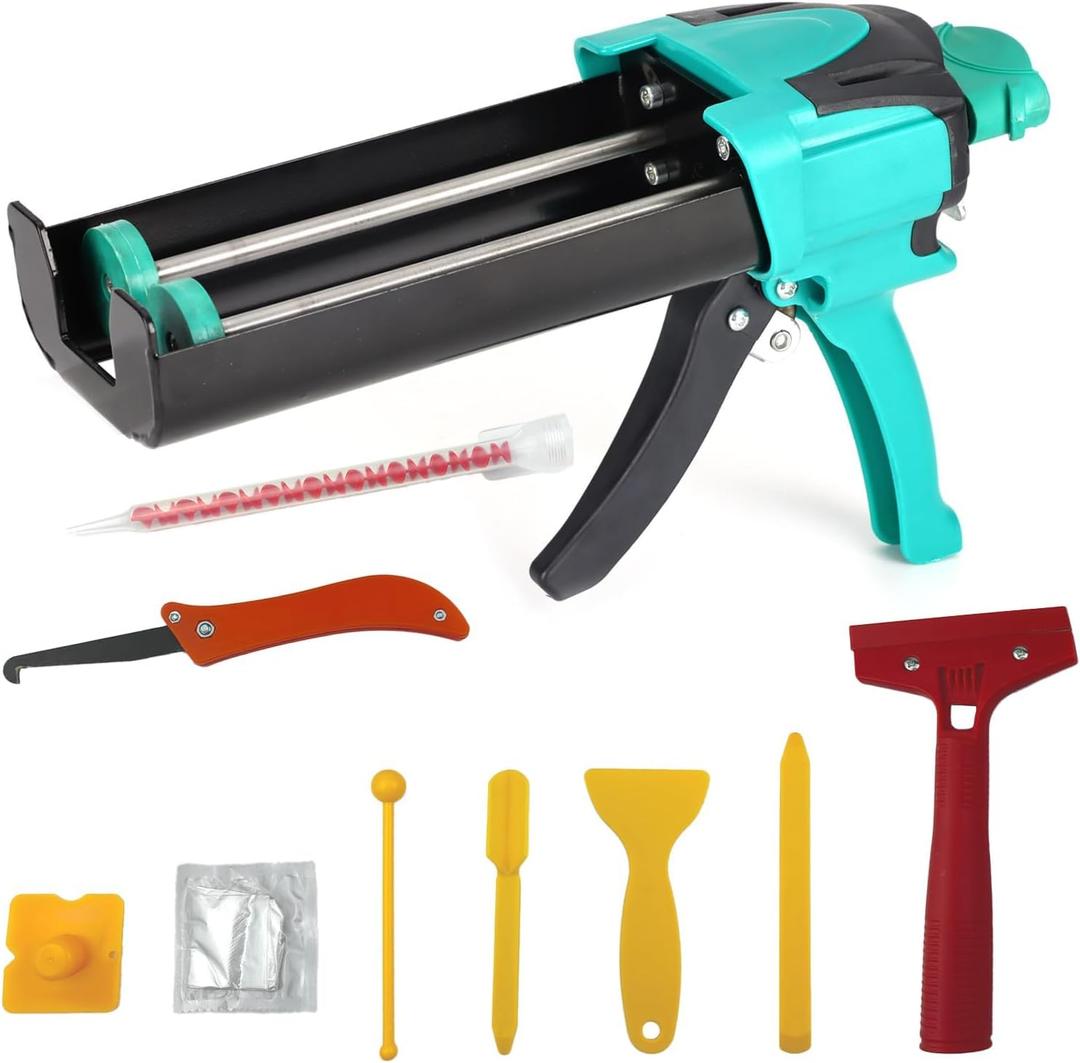 Double Caulking Gun,Dual Epoxy Gun for 400 mL/13.5 fl oz (1:1 Mix Ratio),Manual Dual Component Adhesive Applicator with 9 Pieces Caulk Tools,Hand Cartridge Caulk Gun,Green