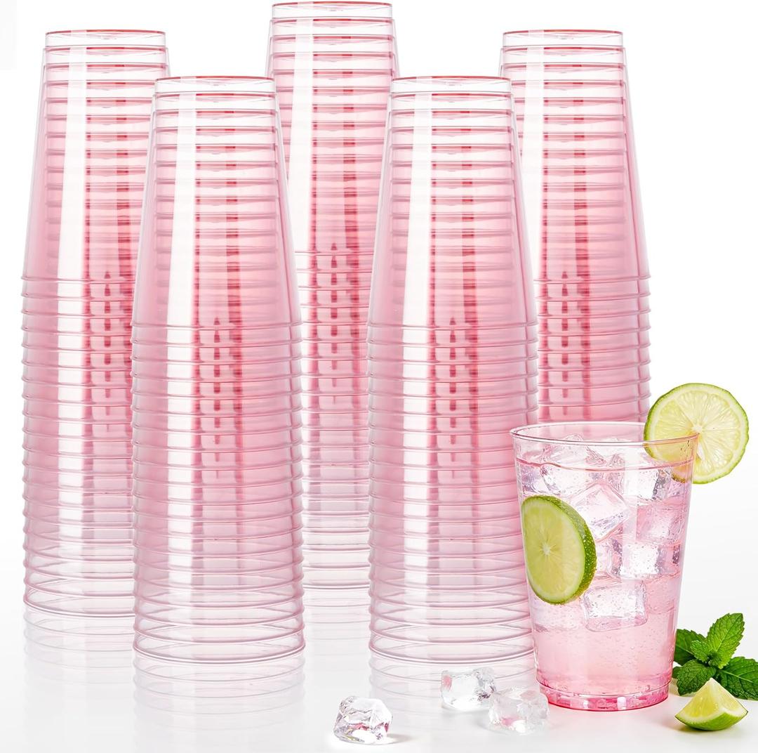 200 Pack Pink Plastic Cups, 12 oz Clear Plastic Disposable Cups, Big Size Fancy Party Cups for Mother's Day, Party, Wedding, Reception