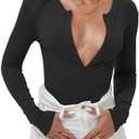 iGENJUN Women Ribbed Long Sleeve Bodysuit Invisible Zip Up Crew Neck Body Suit Small