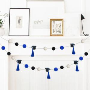 Graduation Cap Felt Ball Garland, Graduation Hat Party Decor Banner for 2024 High School College Grad Party Banner Felt Ball Garland (Black Blue White with Blue Tassels)