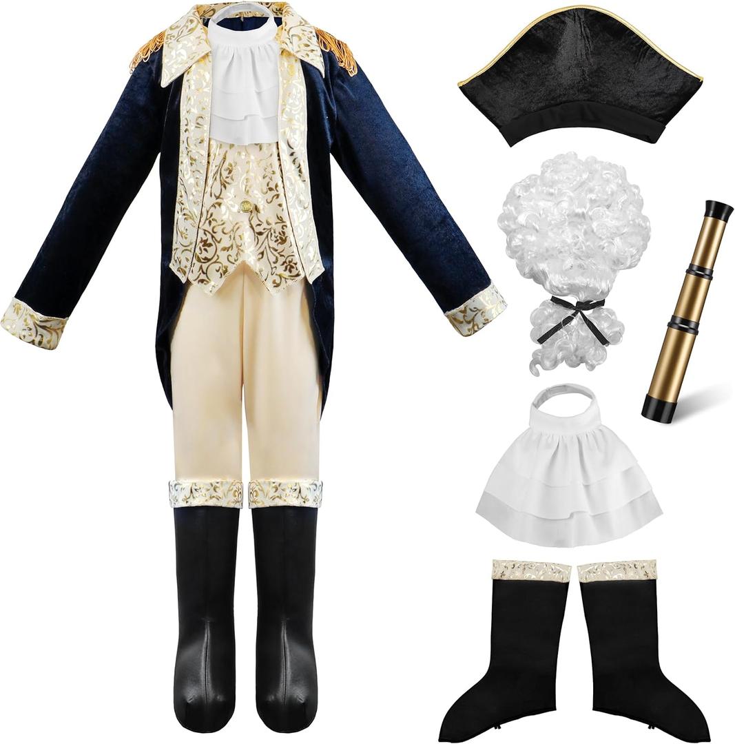 IKALI Kids George Washington Costume With Wig and Hat Accessories, Boys Children Hamilton American Colonial Day Outfit (10-12 Years, Blue)