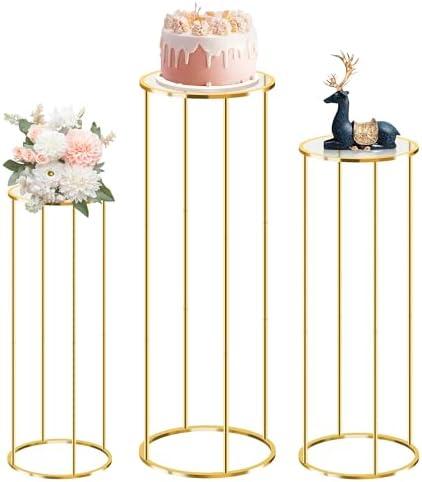 tagotry 3PCS Gold Metal Cylinder Pedestal Stands - Round Plant Display Columns for Party Decor, Floral Arrangements, Vase Displays, Birthday Wedding Backdrop Decorations