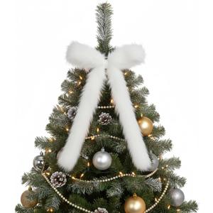 Hoteam 12pcs Large Furry Christmas Bows 11 x 18 Inch Faux Fur Tree Topper Decorations Rustic Fluffy Ornaments for Christmas Tree Wreath Door Porch Farmhouse Holiday Party Decor(White)