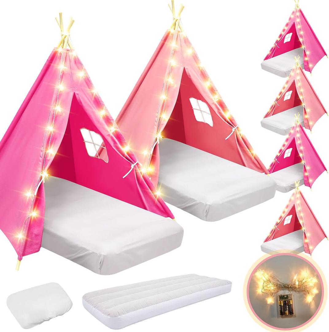 6 Pack Sleepovers Teepee Tent for Kids Bulk with Mattress Sheet Light,Natural Cotton Washable Indoor Play Tent for Birthday Slumber Party Girls Boys Pajama Movie Night Supplies(Pink, Rose Red), 61.81 x 25.98 x 7.09 inches