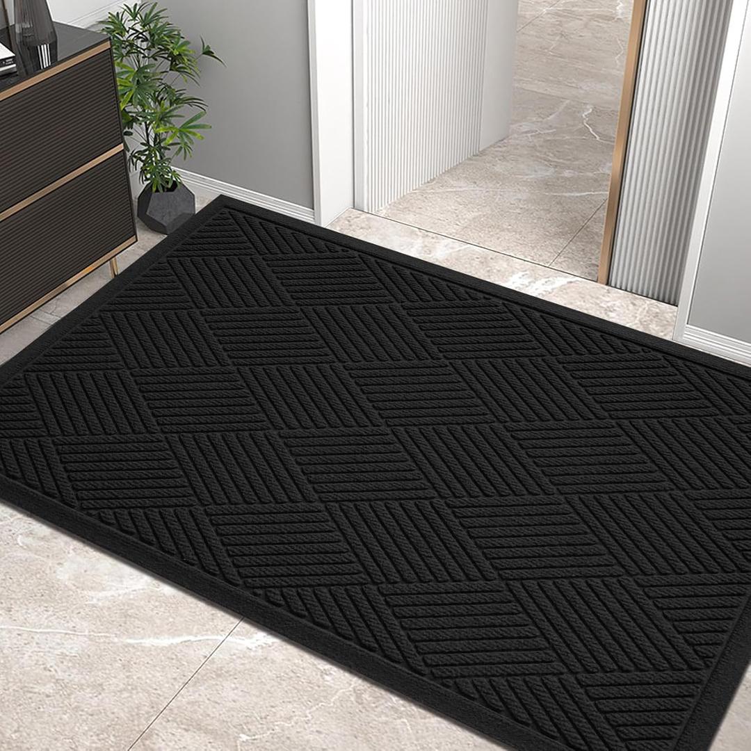 Sturdy Front Door Mat, Absorbent Muddy Dirt Resist Welcome Door Mats Outdoor Indoor, Stain and Fade Resistant, Non-Slip Rubber Backing Low Profile Doormat for Entryway, 6036, Black (3' x 5' (Rectangular))