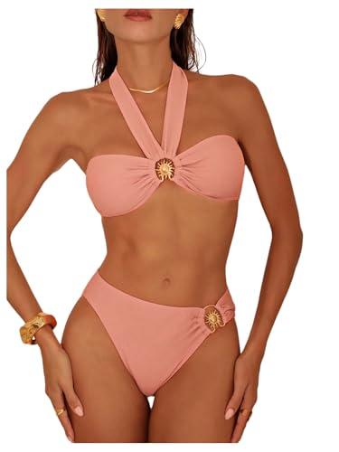 SOLY HUX Women's Halter Bikini Set Ring Linked Bathing Suit Summer Beach Two Piece Swimsuit Pure Pink Large