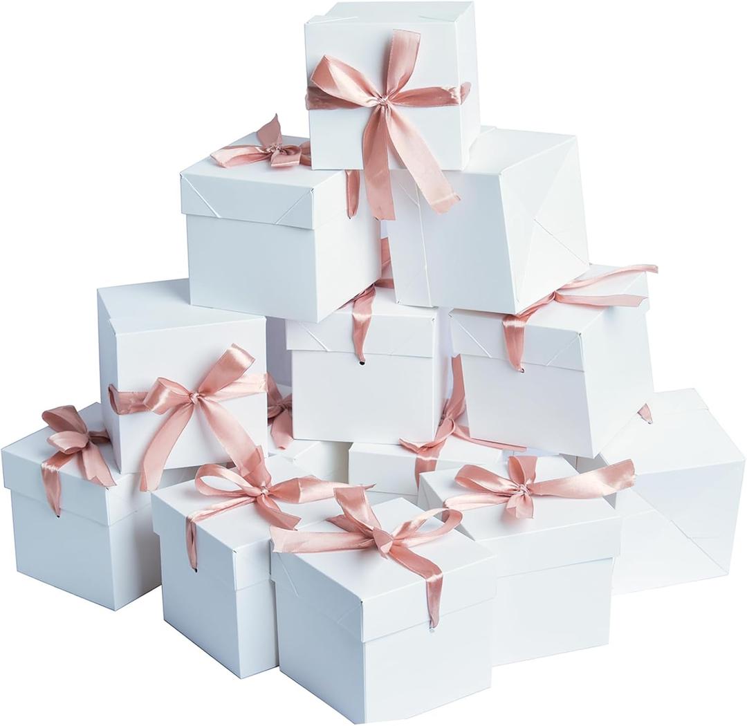 666White Gift Boxes with lids,12 Pcs Beautiful Squared White Boxes with Ribbon Perfect for Weddings,Christmas, Birthday,Valentines Day(15x15x15cm)