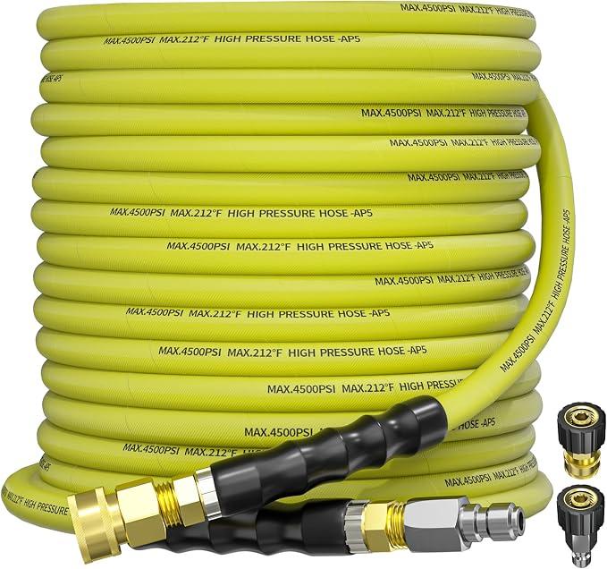 50FT Pressure Washer Hose 3/8" 4500PSI Kink Resistant
Power Washer Hose Steel wire braided Kink resistant, Quick connect fittings, For hot & cold water, M22 Adapter