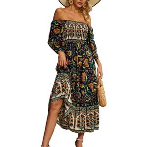 Women's Long Maxi Dress Sexy Off Shoulder Floral Dress Ruffle Short Sleeve Smocked Flowy A Line Boho Dress (Black, XL)