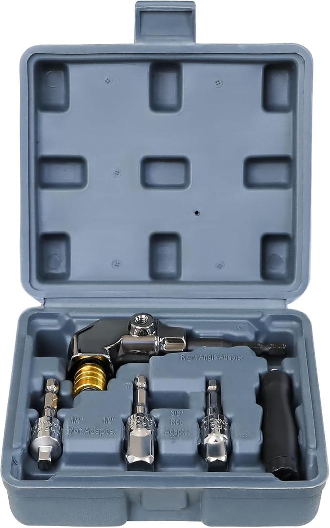 4Pcs Right Angle Drill Adapter Set-Upgraded 105° Angle Attachment with Rotatable 1/4",3/8",1/2" Socket Adapters&Extension for Tight Spaces,Cordless Drills,Impact Drivers&DIY Projects