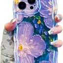 UEEBAI Case for iPhone 15 Pro Max, Colorful Retro Oil Painting Flower Case Pretty Glossy Pattern Wave Cover Cute Sparkly Floral Curly Cover Stylish Shell for Women Girl, Purple Flower