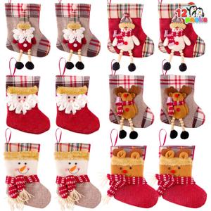 JOYIN 12 Pcs Mini Christmas 3D Bulk Xmas Stockings Santa Snowman Reindeer Burlap Stockings for Present Holders Treat Bags Christmas Tree Decoration Xmas Party Decors