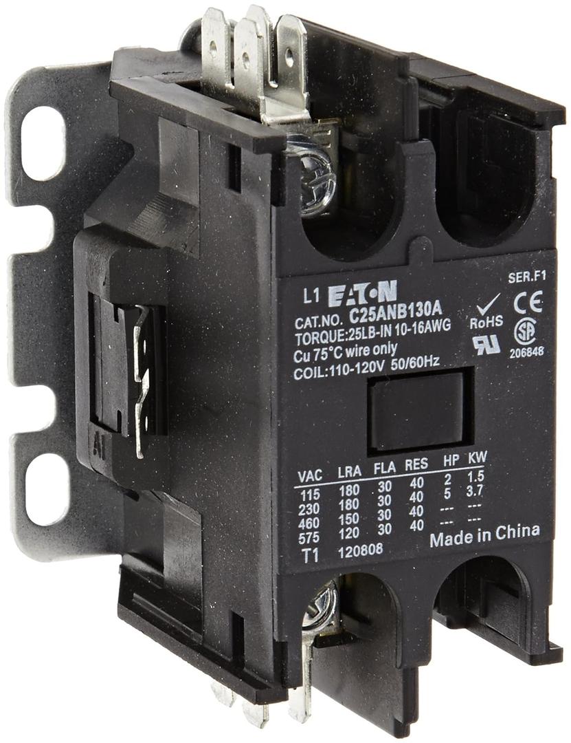 Eaton C25ANB130A Compact Definite Purpose Contactor, 30A Inductive Current Rating, 2 Max HP Rating at 115V, 5 Max HP Rating at 230V, 120VAC Coil Voltage