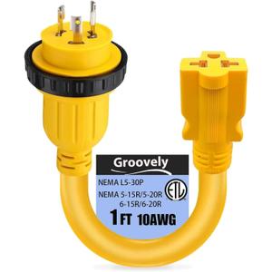 Groovely 30 Amp to 15 Amp Marine Shore Power Conversion Extension Cord,Compliant with NEMA L5-30P to 5-15/20R Standards, for 10AWG 30 A to 20 A T Type Marine Conversion Plugs (1 Ft)