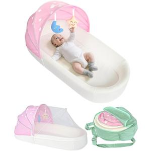 Portable Newborn Nest Lounger-Travel Bassinet,with Canopy & Mosquito Net-Lightweight Foldable Lounger Cotton Cover & Supportive Mattress Washable and Indoor-Outdoor Use (Pink)