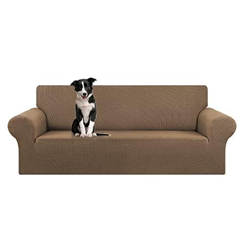KEKUOU Stretch Oversized Sofa Slipcover 1 Piece Couch Sofa Cover (94"-110") Furniture Protector 4 Seater Sofa with Elastic Bottom for Kids,Pet.Jacquard Checked Pattern Fabric(X Large,Camel)