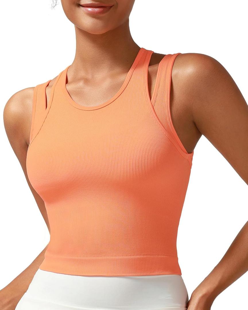 2 x RUNNING GIRL Sports Bras for Women High Impact Seamless Ribbed Longline High Neck Workout Crop Tank Tops Padded (Orange, XL)
