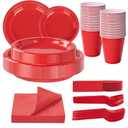 WELLIFE 210 PCS Red Plastic Plates for 30 Guests - Disposable Dinnerware Set Including Dinner Plates, Dessert Plates, 12oz Cups, Cutlery & Napkins, Red Disposable Plates for Valentines