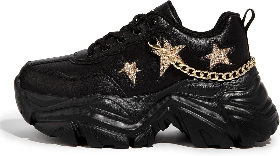 K KIP WOK Chunky Sneakers for Women Fashion Platform White Leather Casual Dad Shoes Comfortable Wedge Walking Sport Sneakers (8, Black Chain)