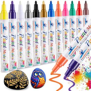 FooMoTech Paint Pen Markers - 12 Colors Permanent Acrylic Markers, Oil Based, Medium Tip, Quick Dry, Wateproof Paint Markers for Rock, Fabric, Metal, Wood, Plastic, Canvas, Leather, Glass (MultiColor - 12 Pack)