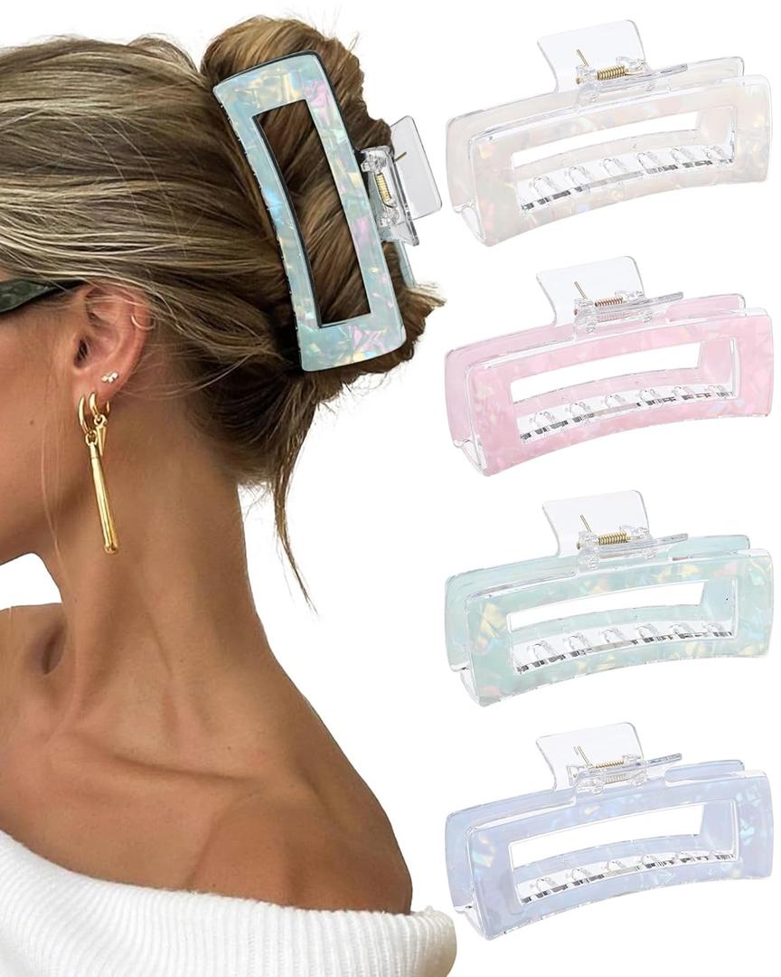 Molans 5 Large Hair Claw Clips 4PCS for Women - Acrylic Hair Accessories for Thick Hair and Long Hair, Big Strong Durable Hair Applique, Oversized Non-slip Rectangle Butterfly Jaw Hair Clips