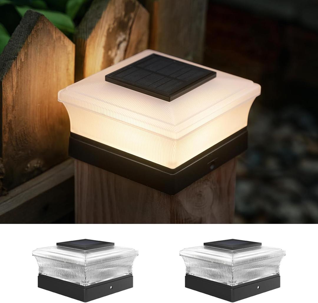 Solar Post Cap Lights Outdoor, Deck Post Lights Solar Powered for 4x4 Vinyl/Wooden Posts, Solar Fence Post Lights, Bright LED Light for Fence Deck Patio Garden Posts, Warm White (2 Pack)