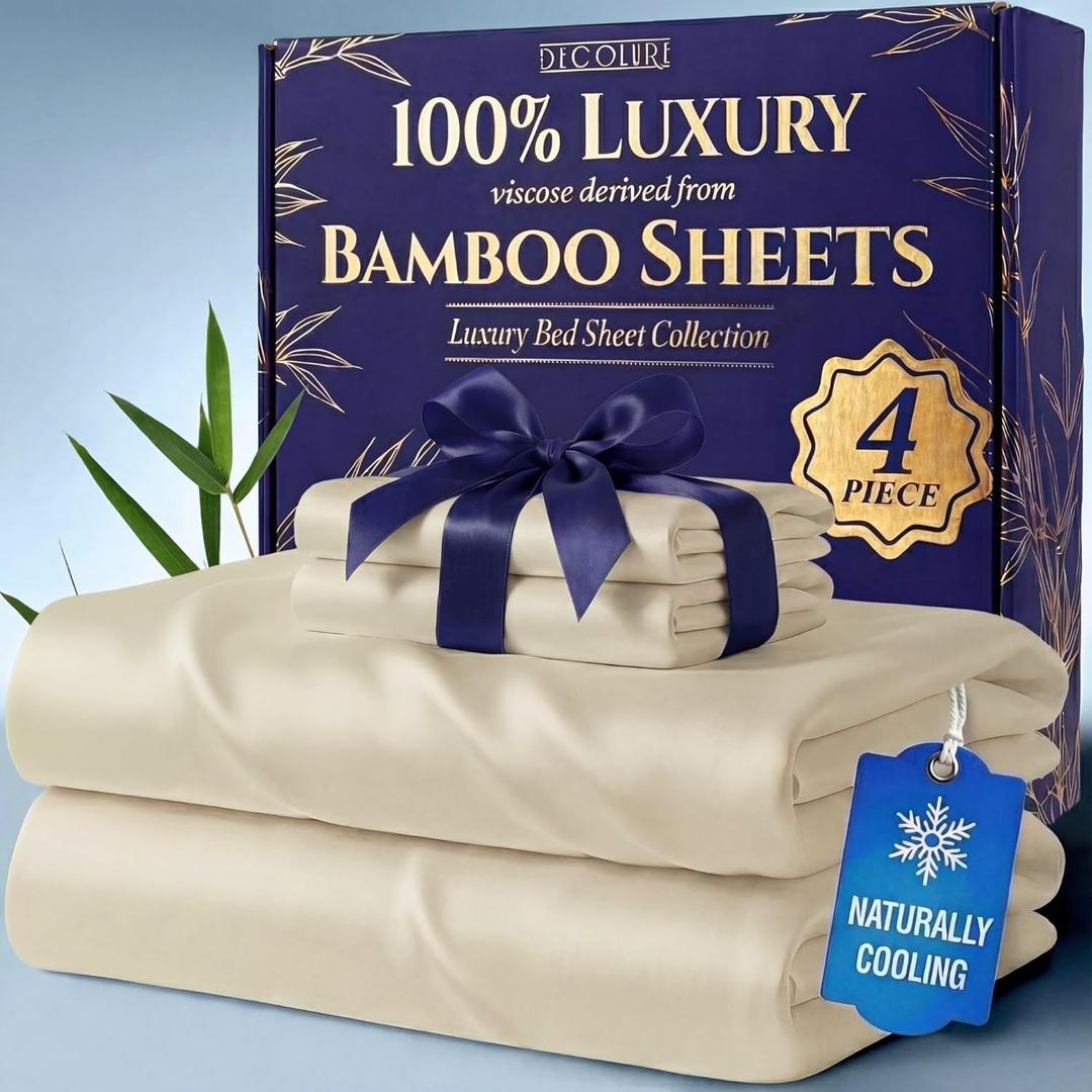 DECOLURE 100% Viscose Derived from Bamboo Sheets King Size - Luxury 4 Pc Naturally Cooling Sheets, Ultra Soft Bed Set - Deep 17" Pockets, Durable Double Stitching, Oeko Tex Standard (Creme)