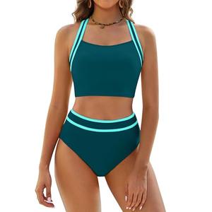 BMJL Women's High Waisted Bikini Sets Two Piece Swimsuits Sporty Tummy Control Bathing Suit Color Block Swim Suit (Large, Blue)