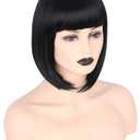 Topcosplay Womens Bob Hair Wigs Short Black Flat Bangs Cosplay Halloween Costume Wigs