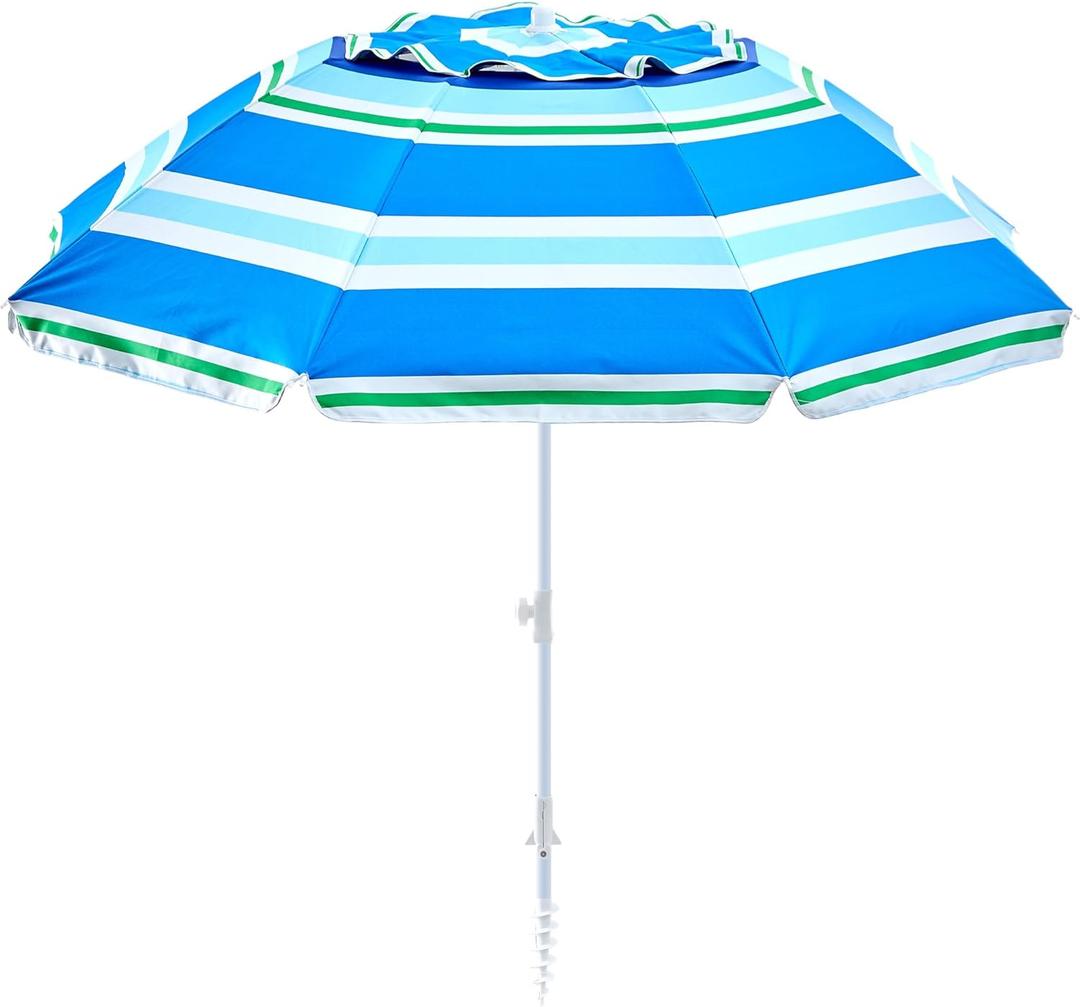 beach umbrella with sand anchor,UPF 50+protection,8 ribs, beach umbrellas for sand portable,with button tilt - multifunctional outdoor sunshade for gardens,courtyards,and beaches. (Blue Widestrip)