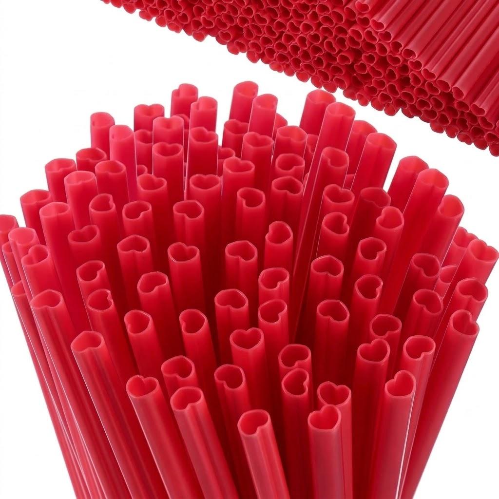 Zubebe 300 Pcs Valentine Heart Shaped Straws Cute Anti Wrinkle Disposable Drinking Plastic Straw for Birthday Bridal Shower Drinking Wedding Party Supplies (Red)