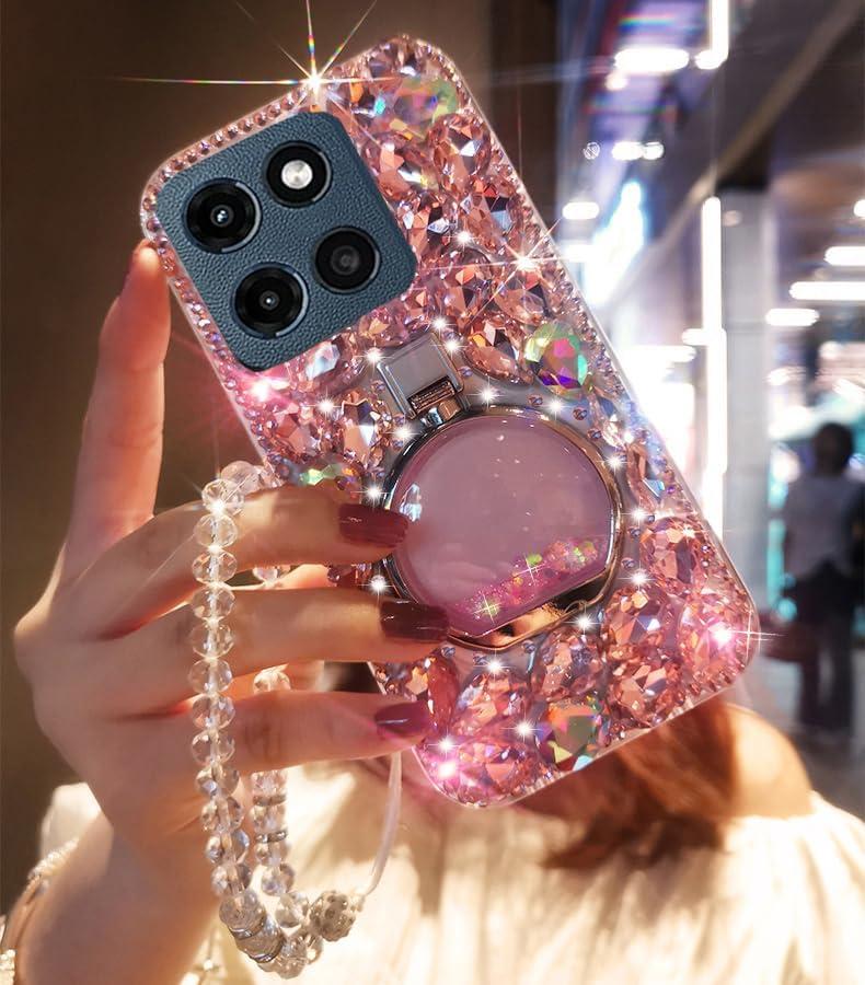 for Moto G Stylus 2025/2026 5G Bling Case Luxury for Women Girls Design Cute Shine Sparkly Glitter Diamond Gemstone Stand Handmade Phone Cover with Crystal Wrist Strap,Pink