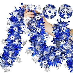 Hanukkah Decorations 2 Pack Total 36 FT Hanukkah Tinsel Garland with Menorah Star of David Silver Ornaments Blue Metallic Streamers Decor, Indoor Outdoor Chanukah Decorations for Home Party Supplies