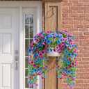 6 Pcs Artificial Fake Hanging Flowers Plants for Outdoor Decoration Faux Silk Long Vine UV Resistant Look Real for Spring Summer Outside Home Porch Patio(Rose Red Blue)