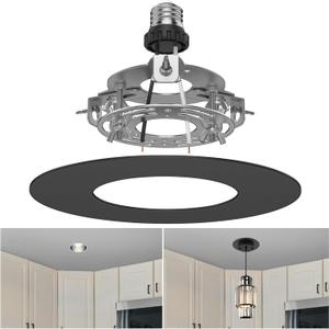 R5 and 6 Recessed Can Light Conversion Kit, Fixture Upgrade, Pendant & Hanging Light, Ceiling Fan Compatible, 7 Inch Flat Steel Ceiling Medallion, Black Finish