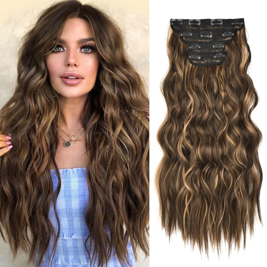 REECHO Hair Extensions, 4PCS Clip in Hair Extensions HE001 Natural Soft Synthetic Hairpieces for Women, Brown with Honey Blonde Highlights