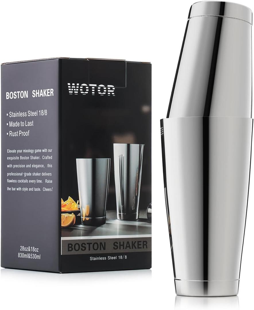 Boston Cocktail Shaker Set, 18 oz & 28 oz Stainless Steel Weighted Shaker Tins, Metal Martini Shaker Drink Mixer for Bartending, professional Bar Tools for Bartender Sliver (Silver)
