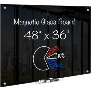 maxtek Black Dry Erase Board 48" x 36", Black Whiteboard Glass Frameless, Large Magnetic Glass White Board for Office School
