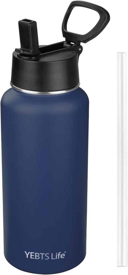 Insulated Water Bottle With Straw,32 oz Vacuum Insulated Stainless Steel Sports Water Flask, Keeps Cold and Hot, Metal Water Bottle Wide Mouth for Gym Travel Camping (Nave blue)