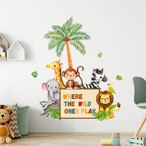 Supzone Jungle Animals Wall Decals Playroom Wall Stickers Where The Wild Ones Play Elephant Giraffe Lion Monkey Wall Decor for Kids Class Room Bedroom Baby Nursery Door Decor