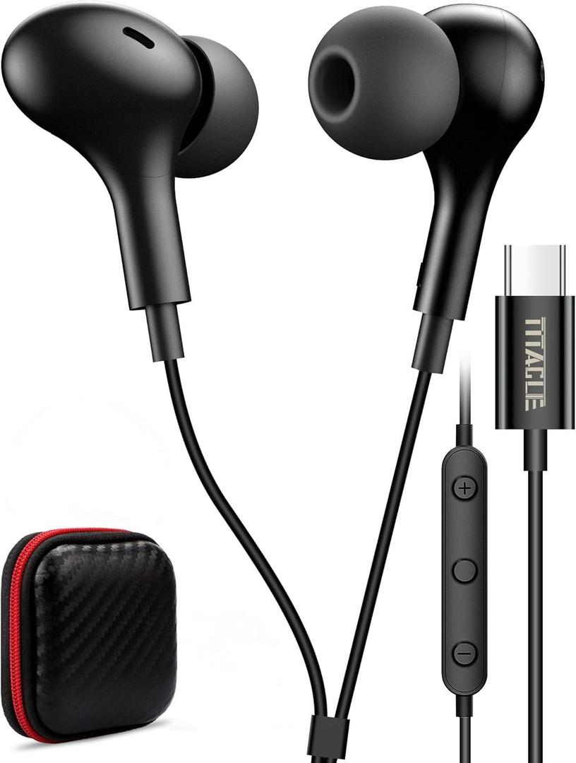 USB C Headphone for Samsung S23 FE S22 S21 S20 A53 A54 Wired Earbuds Magnetic in-Ear Type C Earphone with Microphone Volume Control Bass Stereo Noise Canceling for iPhone 15 Pro Max Pixel 6 6a 7a 8 5