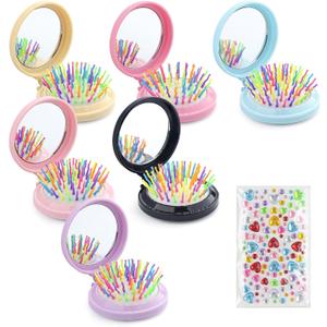 6 Colors Folding Mirror Hairbrush, 2 in 1 Compact Pocket Mirror Comb with DIY Stickers, Round Mini Pocket Makeup Mirror for Travel Women Girls (6 Pcs)