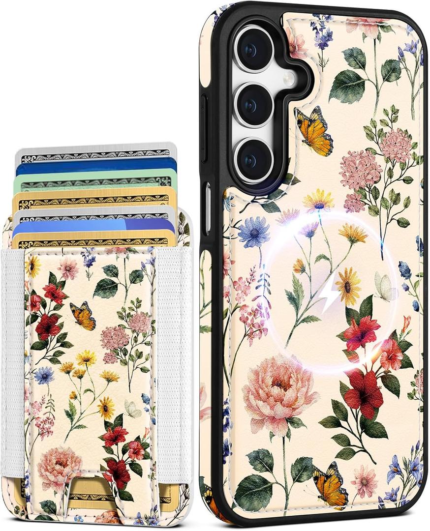 Shorogyt for Galaxy A15 5G Cute Kawaii Leather Phone Case - Compatible with Magsafe Wallet Magnetic Credit Card Holder Fashion Retro Flower Design Phone Cover for Women Girls, Fits 7 Cards