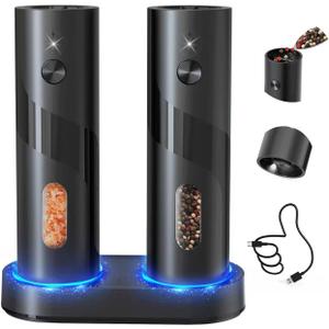 CIRCLE JOY Electric Rechargeable Salt and Pepper Grinder Set Top-Refill Automatic Pepper Mill Grinder with Charging Base, Adjustable Coarseness, Easy Filling Larger Capacity with Led for Home Kitchen (Classic Black)